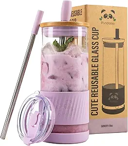 Glass Cups With Lids and Straws -20 Fl Oz- Perfect Size Iced Coffee Cup
