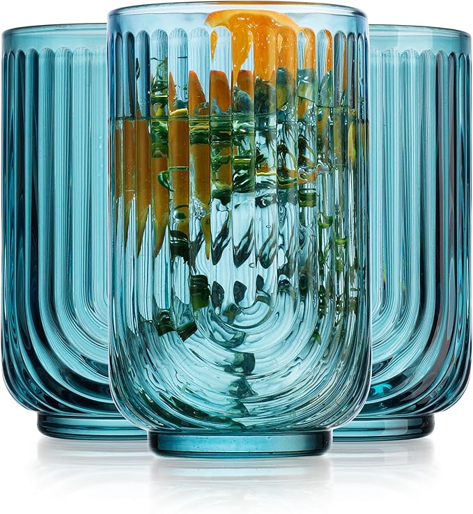 Vintage Glassware Art Deco Highball Glasses Set of 4 Blush Ribbed Drinking Glasses 17 Oz